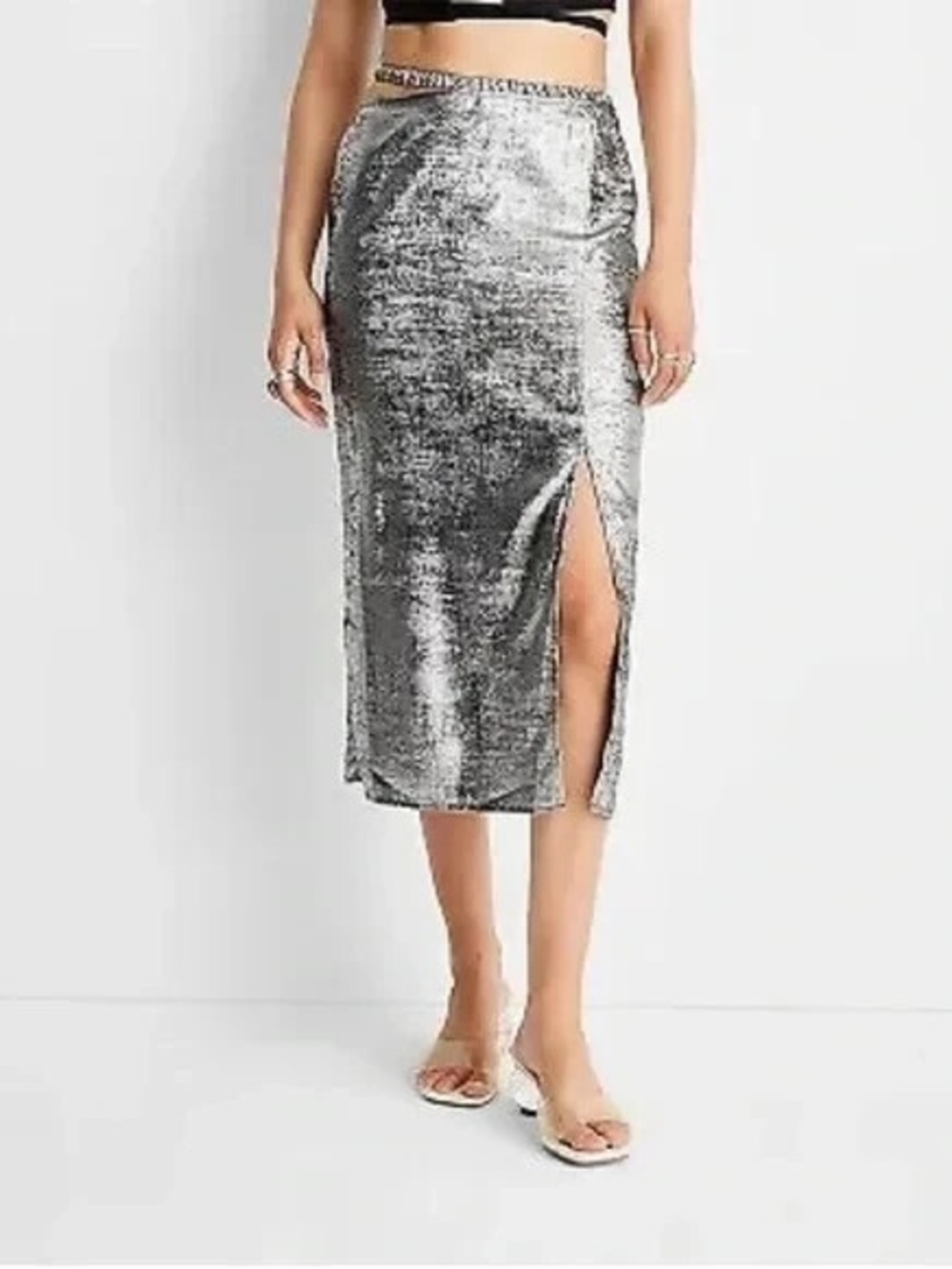 Future Collective x Alani Noelle Metallic Silver Midi Skirt with Front Slit